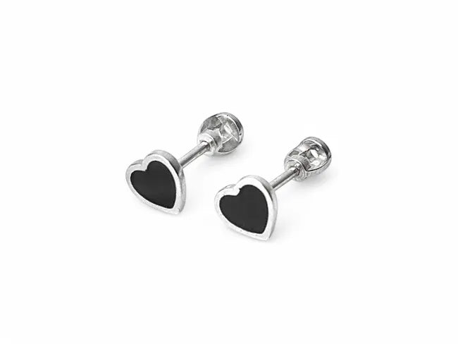 Balabinka Silver Heart Stud Earrings with Black Enamel
