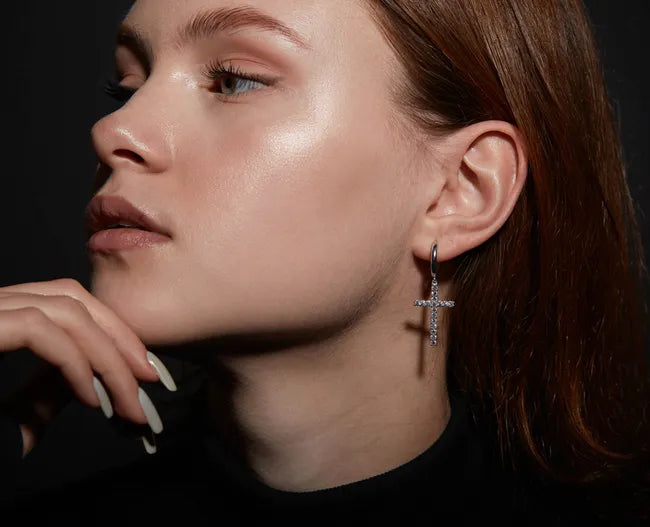 Balabinka Silver Congo Hoop Earrings with Zirconia Crosses