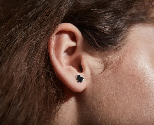 Balabinka Silver Stud Earrings Black Enamel Hearts