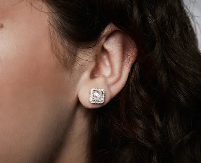 Balabinka Square CZ Stud Earrings with Halo Setting