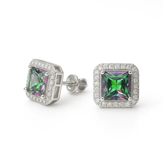 Balabinka Square CZ Stud Earrings with Halo Setting