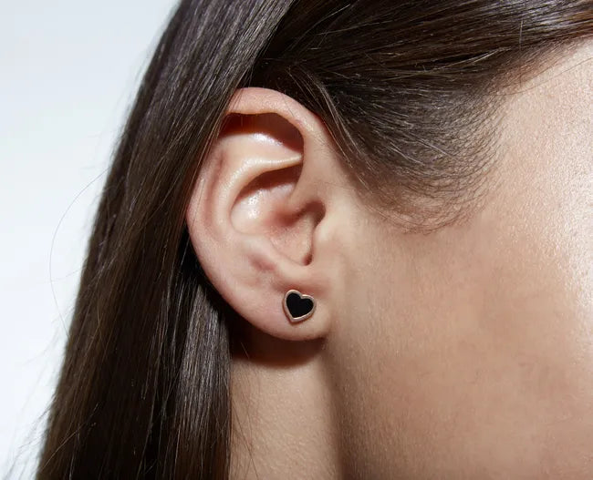 Balabinka Silver Heart Stud Earrings with Black Enamel