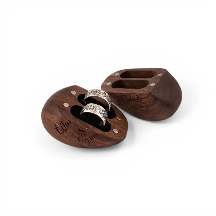 Balabinka Silver Couple Rings “Vyshyvka” with Wooden Heart Gift Box