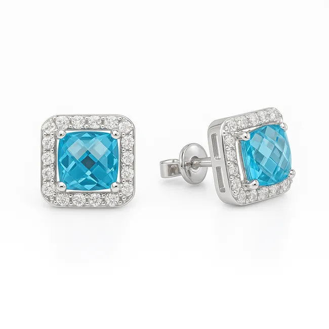 Balabinka Square CZ Stud Earrings with Halo Setting