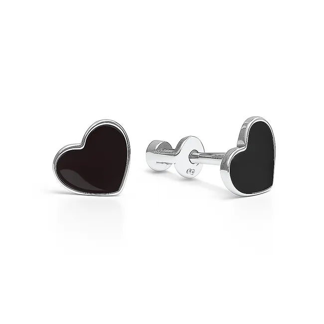 Balabinka Silver Stud Earrings Black Enamel Hearts