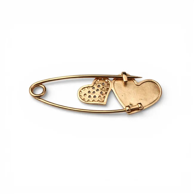 Balabinka Silver Two Hearts Safety Pin Brooch (Gold Plated)