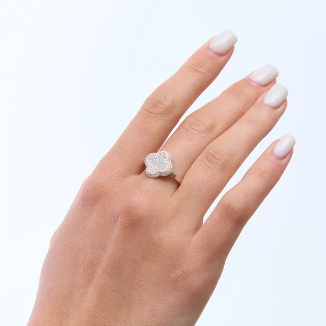 Silver Clover Ring Fully Set with Cubic Zirconia